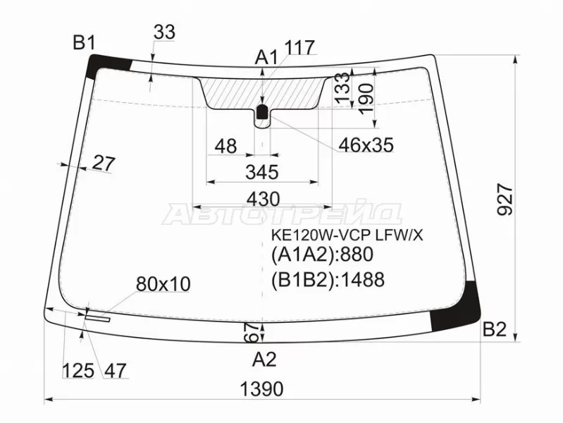 Стекло лобовое Toyota Corolla (E120) 00-07  / Corolla Fielder (E120) 00-06  / Corolla JPN (E120) 00-07  / BYD F3 05-18  / Geely Vision 08-17  / Lifan Solano 10-16  / Toyota Allex 01-06  / Corolla Runx (E120) 01-06  / Corolla USA (E130) 02-07 (XYG: KE120W-VCP LFW/X)