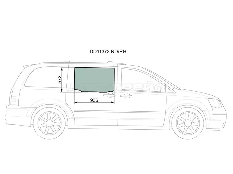 Стекло боковое опускное (Сзади / Справа / Цвет зеленый) Chrysler Grand Voyager 08-15  / Town&Country 08-15  / Voyager 07-16  / Dodge Caravan 07-18 (XYG: DD11373 RD/RH)