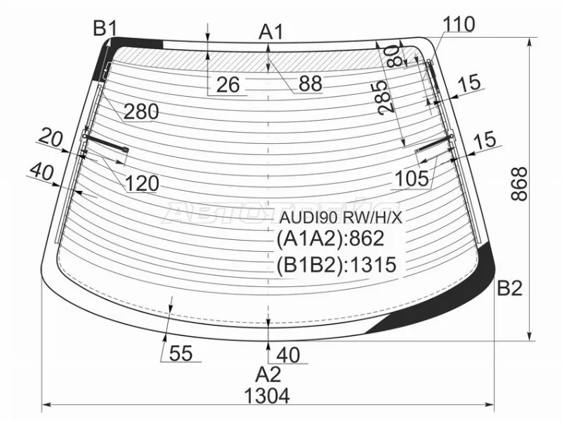Стекло заднее (Цвет зеленый / Обогрев / Антенна) Audi 80 91-95 (XYG: AUDI90 RW/H/X)