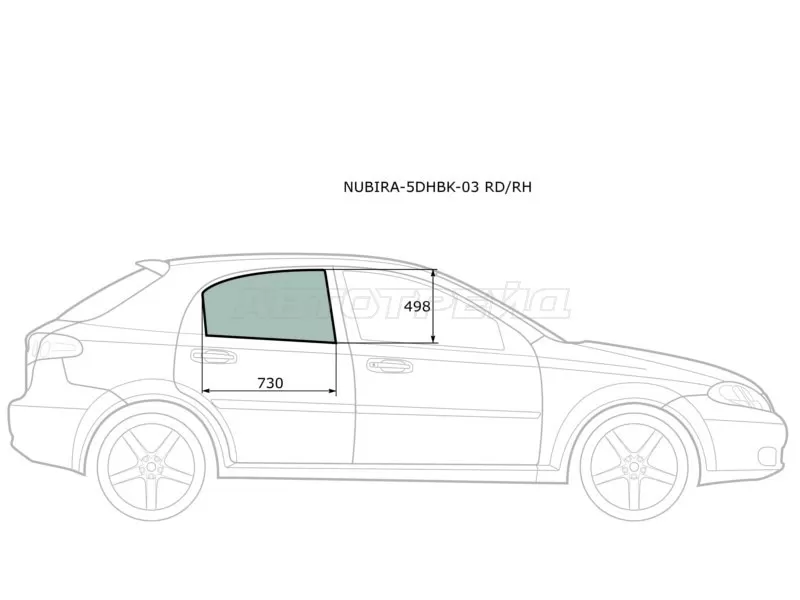 Стекло боковое опускное (Сзади / Справа / Цвет зеленый) Chevrolet Lacetti 04-13  / Daewoo Lacetti 04-09  / Chevrolet Nubira 04-13  / Optra 04-13  / Daewoo Nubira 02-05 (XYG: NUBIRA-5DHBK-03 RD/RH)