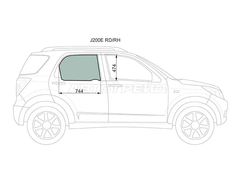 Стекло боковое опускное (Сзади / Справа / Цвет зеленый) Daihatsu Be-Go 06-16  / Terios 06-  / Toyota Rush 06-16 (XYG: J200E RD/RH)