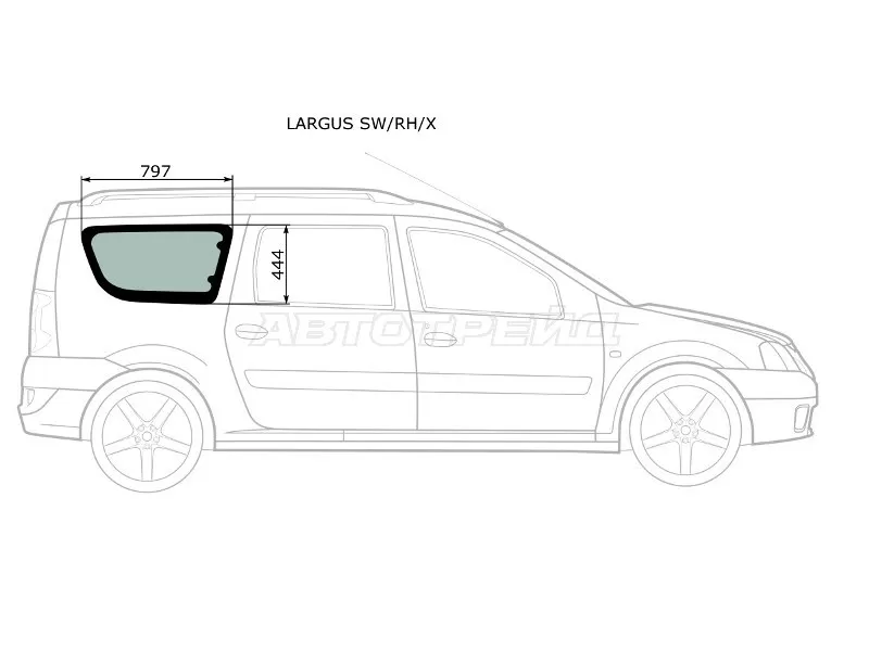 Стекло кузова боковое (не опускное) (Справа / Цвет зеленый) Dacia Logan 04-08  / Logan Mcv 08-12  / LADA Largus 12-21  / Largus Cross 14-22 (XYG: LARGUS SW/RH/X)