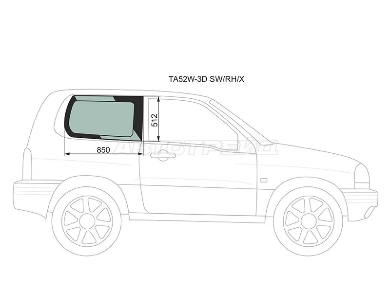 Стекло кузова боковое (не опускное) (Справа / Цвет зеленый) Suzuki Escudo 97-05  / Grand Vitara 97-05  / Chevrolet Tracker 97-05  / Mazda Proceed Levante 98-99  / Suzuki Grand Escudo 00-05  / Grand Vitara XL-7 01-06 (XYG: TA52W-3D SW/RH/X)