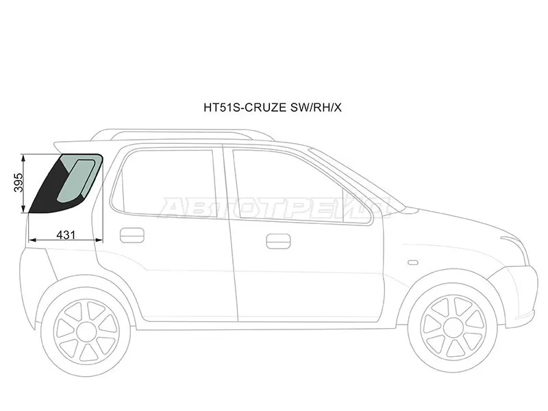 Стекло кузова боковое (не опускное) (Справа / Цвет зеленый) Chevrolet Cruze 01-08  / Subaru Justy 03-07  / Suzuki Ignis 04-07 (XYG: HT51S-CRUZE SW/RH/X)