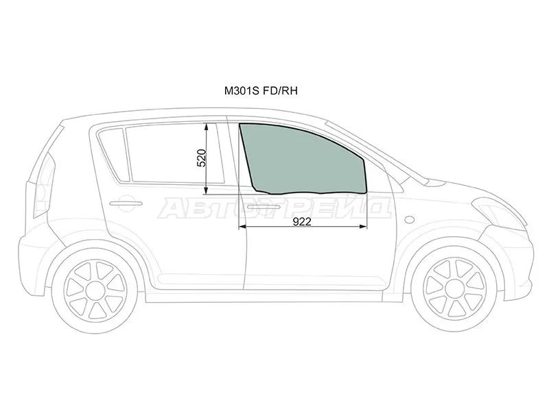 Стекло боковое опускное (Спереди / Справа / Цвет зеленый) Toyota Passo 04-10  / Daihatsu Boon 04-10  / Sirion 05-13  / Subaru Justy 07-11 (XYG: M301S FD/RH)