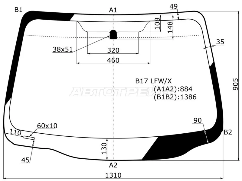 Стекло лобовое Nissan Almera 12-19  / Latio 12-16  / Versa 11-20 (XYG: B17 LFW/X)