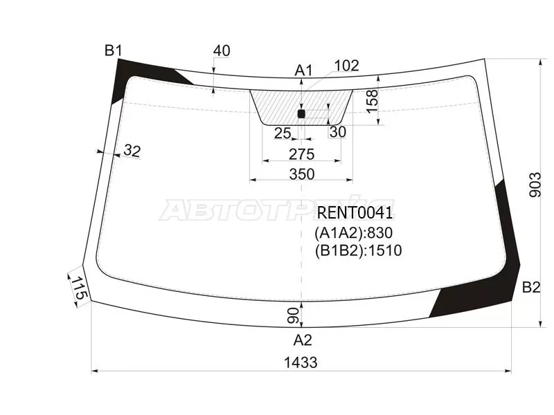 Стекло лобовое Nissan Terrano 14-22  / Renault Duster 10-21  / Sandero 09-14  / Dacia Duster 10-17  / Sandero 08-12  / Renault Sandero Stepway 10-14 (KMK: RENT0041)