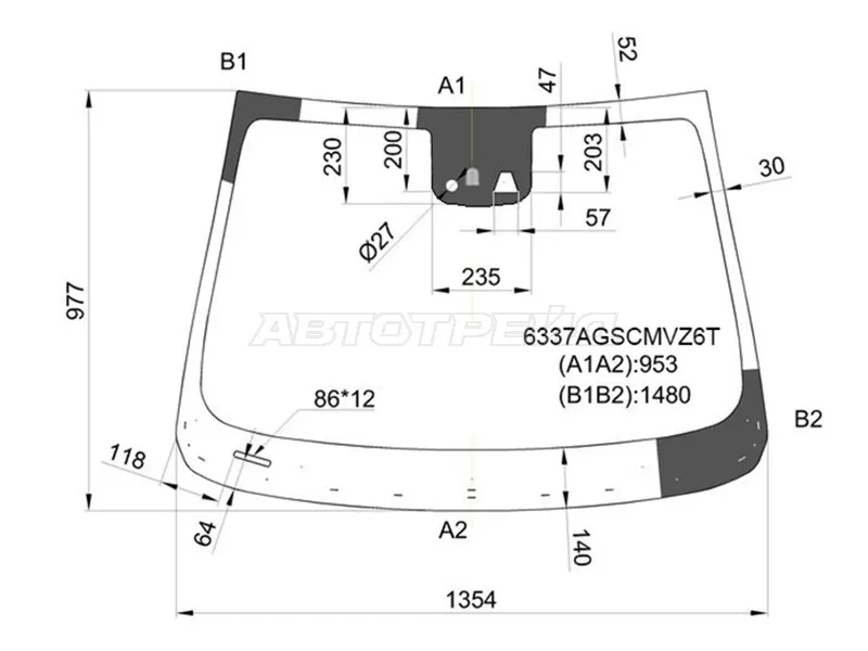 Стекло лобовое (Камера / Датчик дождя / Молдинг) Opel Mokka 12-19  / Buick Encore 12-  / Chevrolet Tracker 13-15  / Trax 12-22 (AGC: 6337AGSCMVZ6T)