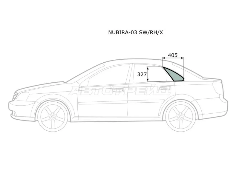 Стекло кузова боковое (не опускное) (Справа / Цвет зеленый) Chevrolet Lacetti 04-13  / Daewoo Lacetti 04-09  / Chevrolet Nubira 04-13  / Optra 04-13  / Daewoo Gentra 05-15  / Nubira 02-05  / Ravon Gentra 15-  / Suzuki Forenza 03-08 (XYG: NUBIRA-03 SW/RH/X)