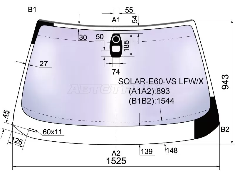 Стекло лобовое (Атермальное / Датчик дождя / Молдинг) BMW 5-Series 03-07 (XYG: SOLAR-E60-VS LFW/X)