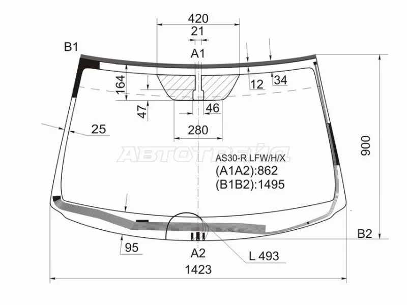 Стекло лобовое (Обогрев щеток / Молдинг) Toyota RAV4 (XA30) 05-13  / Vanguard 07-13 (XYG: AS30-R LFW/H/X)