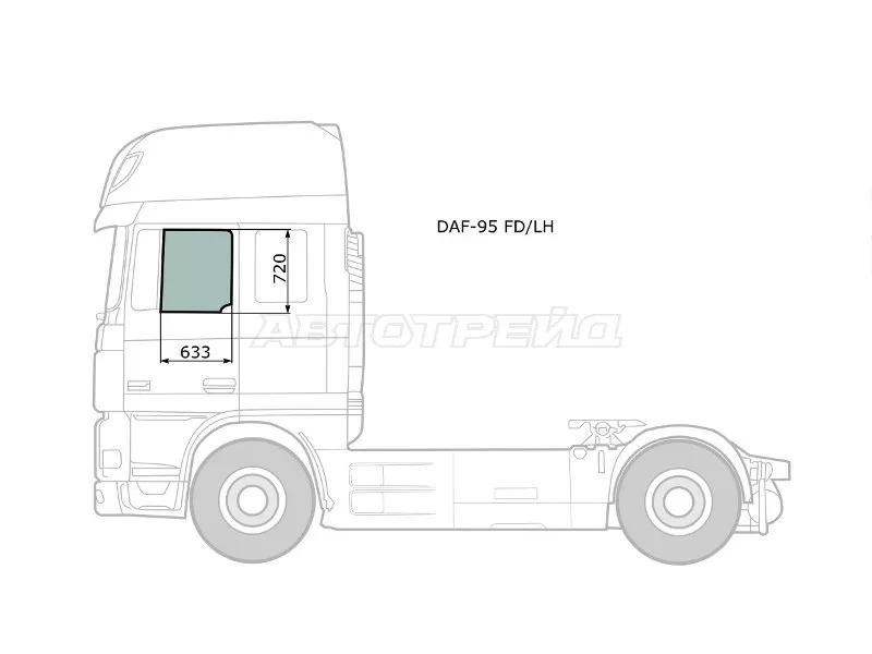Стекло боковое опускное (Спереди / Слева / Цвет зеленый) Daf 95 88-08  / XF 06-12 (XYG: DAF-95 FD/LH)