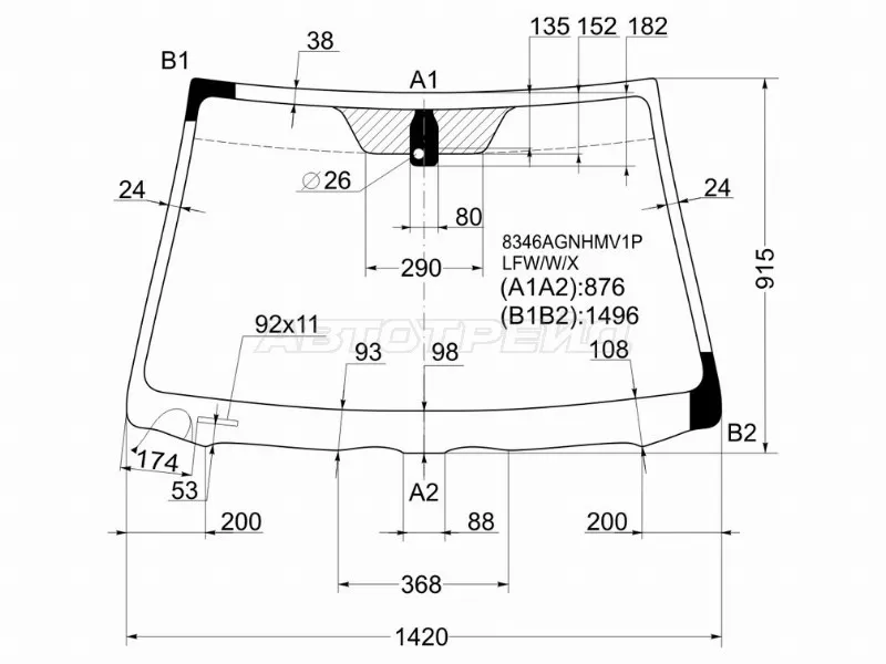 Стекло лобовое (Обогрев щеток / Датчик дождя / Датчик света) Toyota Avensis (T250) 03-08 (XYG: 8346AGNHMV1P LFW/W/X)