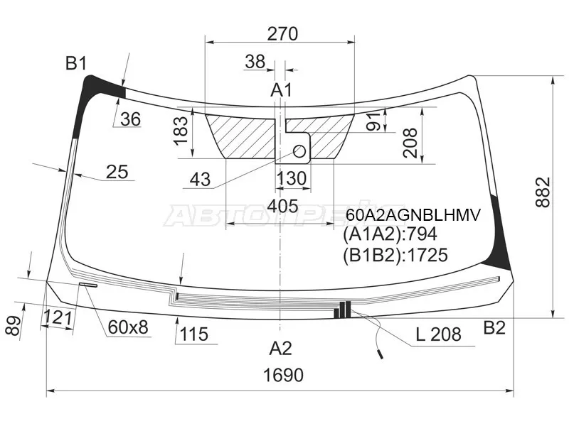 Стекло лобовое (Обогрев щеток / Датчик дождя) Infiniti QX56 10-13  / Nissan Patrol 10-19  / Infiniti QX80 13-20 (AGC: 60A2AGNBLHMV)