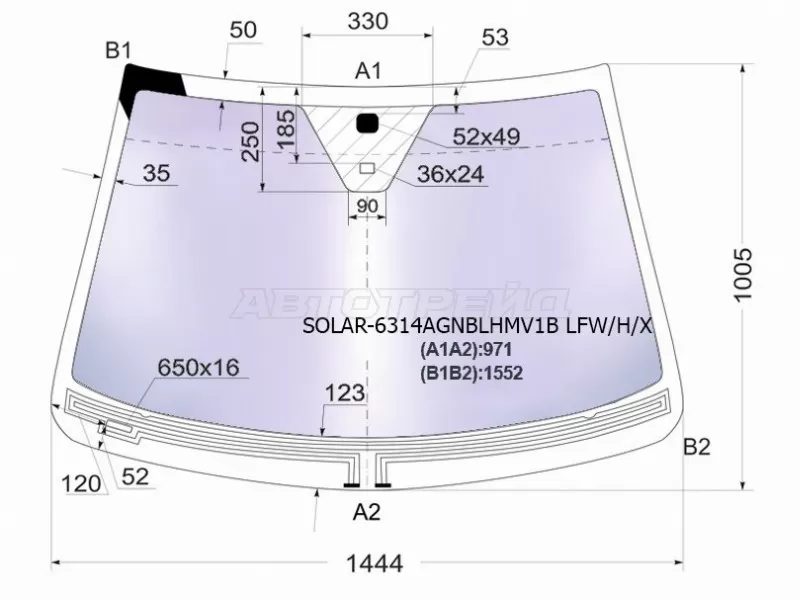 Стекло лобовое (Атермальное / Обогрев щеток / Датчик дождя) Chevrolet Captiva 06-15  / Opel Antara 06-15  / Daewoo Winstorm 06-10  / Saturn Vue 07-10 (XYG: SOLAR-6314AGNBLHMV1B LFW/H/X)
