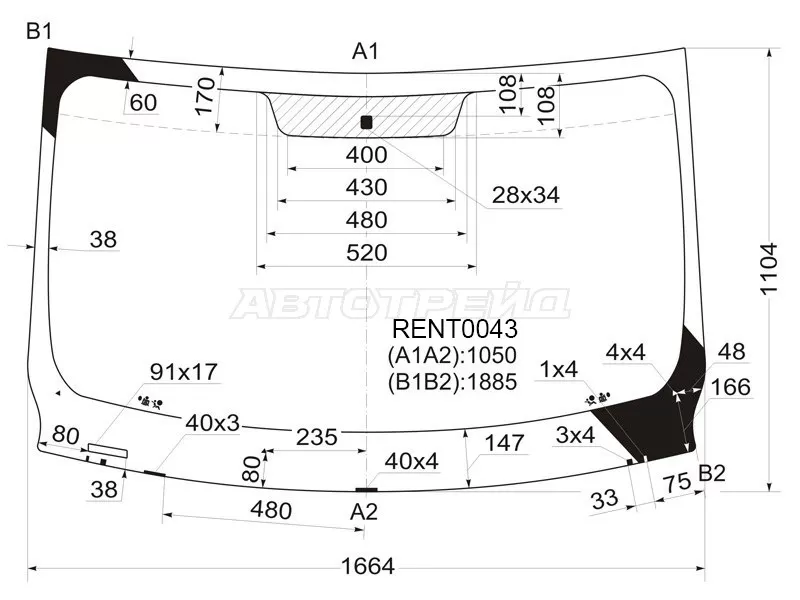 Стекло лобовое Nissan Primastar 02-14  / Opel Vivaro 01-14  / Renault Trafic 01-14 (KMK: RENT0043)