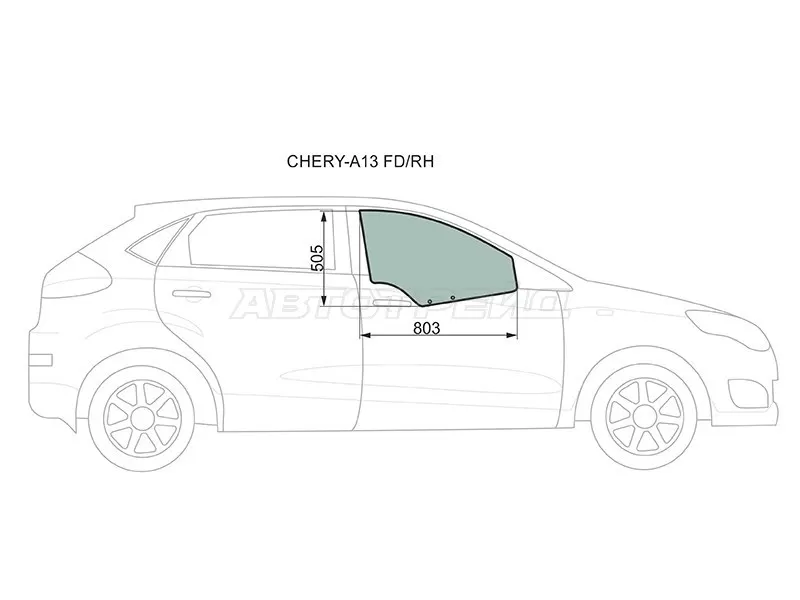 Стекло боковое опускное (Спереди / Справа / Цвет зеленый) Chery Bonus A13 11-16  / Tiggo 5 14-16  / Very A13 11-16 (XYG: CHERY-A13 FD/RH)