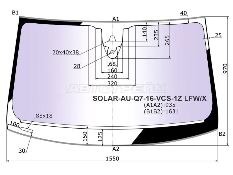 Стекло лобовое (Атермальное / Камера / Датчик дождя / Молдинг) Audi Q7 15-19 (XYG: SOLAR-AU-Q7-16-VCS-1Z LFW/X)