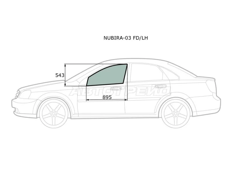 Стекло боковое опускное (Спереди / Слева / Цвет зеленый) Chevrolet Lacetti 04-13  / Daewoo Lacetti 04-09  / Chevrolet Nubira 04-13  / Optra 04-13  / Daewoo Gentra 05-15  / Nubira 02-05  / Ravon Gentra 15-  / Suzuki Forenza 03-08 (XYG: NUBIRA-03 FD/LH)