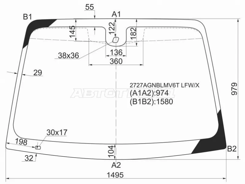 Стекло лобовое (Датчик дождя / Ромбовидный датчик дождя) Citroen C5 04-08 (XYG: 2727AGNBLMV6T LFW/X)