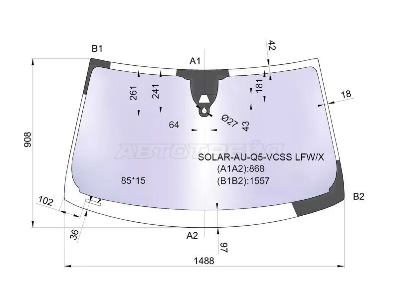 Стекло лобовое (Атермальное / Камера / Датчик дождя / Молдинг) Audi Q5 08-12 (XYG: SOLAR-AU-Q5-VCSS LFW/X)