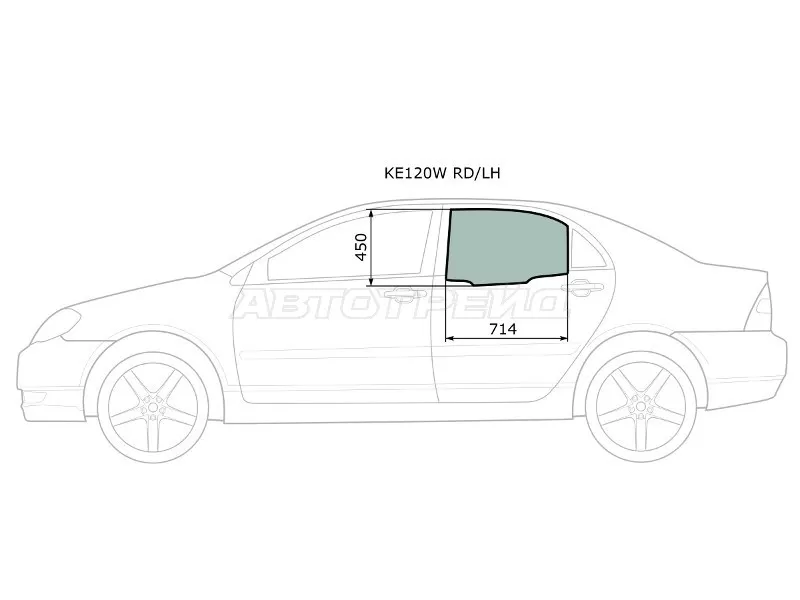 Стекло боковое опускное (Сзади / Слева / Цвет зеленый) Toyota Corolla (E120) 00-07  / Corolla Fielder (E120) 00-06  / Corolla JPN (E120) 00-07  / BYD F3 05-14 (XYG: KE120W RD/LH)