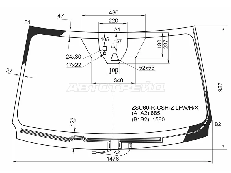 Стекло лобовое (Обогрев щеток / Камера / Датчик дождя) Toyota Harrier (XU60) 13-17 (XYG: ZSU60-R-CSH-Z LFW/H/X)