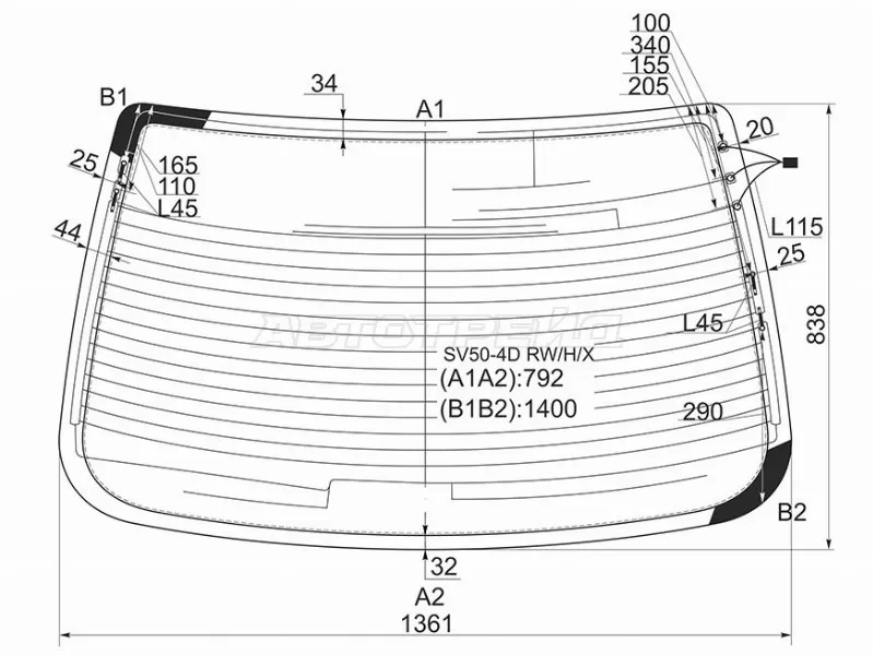 Стекло заднее (Цвет зеленый / Обогрев / Антенна) Toyota Vista 98-03 (XYG: SV50-4D RW/H/X)