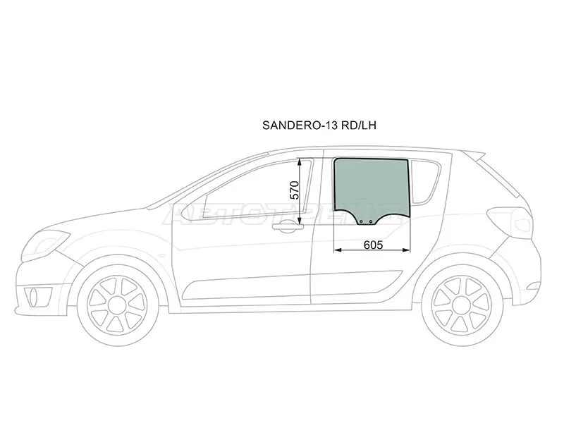 Стекло боковое опускное (Сзади / Слева / Цвет зеленый) Renault Logan 14-  / Sandero 14-  / Dacia Logan 12-19  / Sandero 12-19  / Sandero Stepway 12-19  / Renault Logan Stepway 18-  / Sandero Stepway 14-22 (XYG: SANDERO-13 RD/LH)