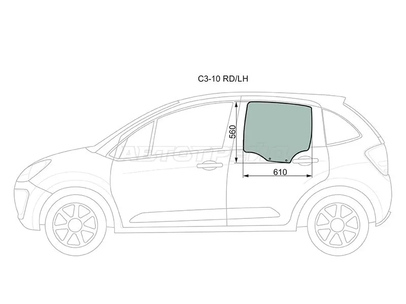 Стекло боковое опускное (Сзади / Слева / Цвет зеленый) Citroen C3 09-16 (XYG: C3-10 RD/LH)