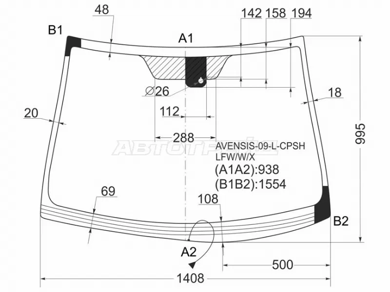 Стекло лобовое (Обогрев щеток / Датчик дождя) Toyota Avensis (T270) 08-18 (XYG: AVENSIS-09-L-CPSH LFW/W/X)