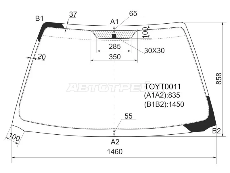 Стекло лобовое Toyota Avensis (T220) 97-03  / Caldina (T210) 97-02 (KMK: TOYT0011)