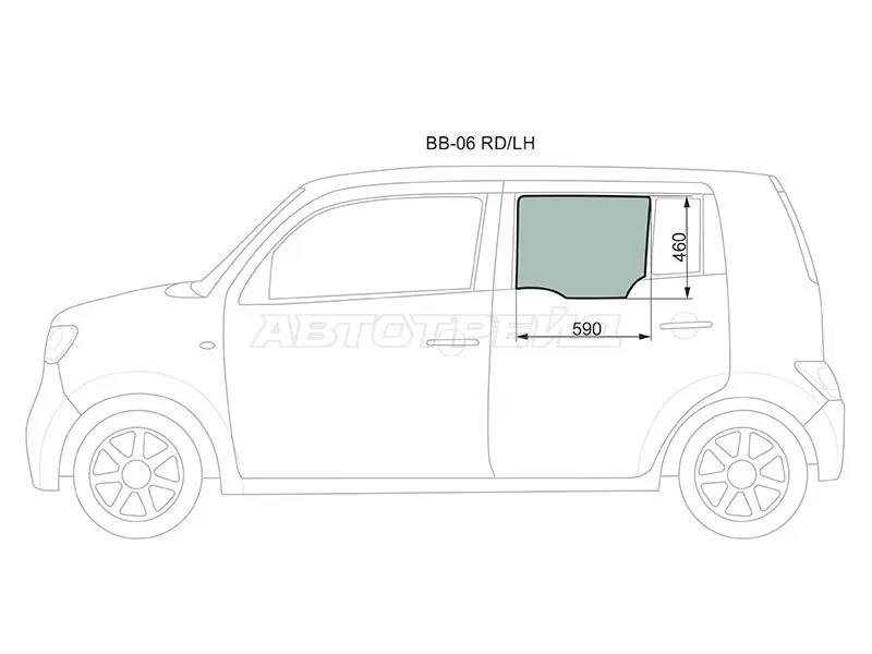 Стекло боковое опускное (Сзади / Слева / Цвет зеленый) Daihatsu Coo 06-13  / Materia 06-13  / Subaru Dex 08-12  / Toyota bB 05-16 (XYG: BB-06 RD/LH)