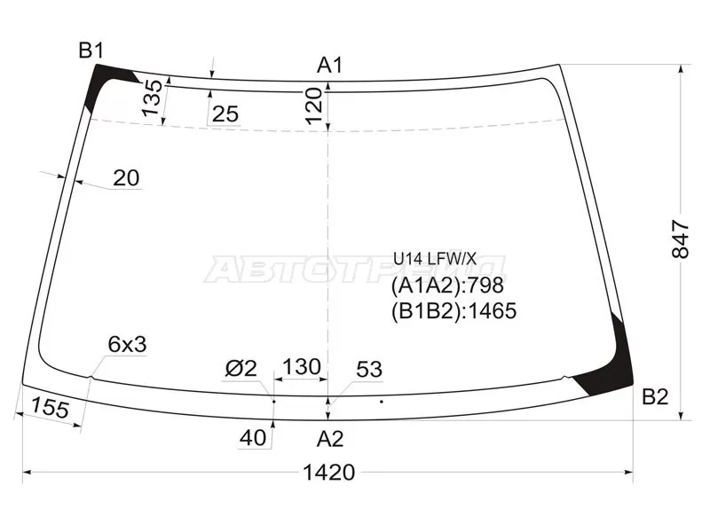Стекло лобовое (Сборка Европа) Nissan Primera 95-02  / Infiniti G20 99-02  / Nissan Bluebird 96-01  / Primera Camino 95-97 (XYG: U14 LFW/X)