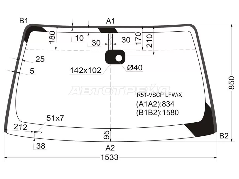 Стекло лобовое (Датчик дождя / Молдинг) Nissan Frontier 04-21  / Navara 04-15  / Pathfinder 04-14  / Xterra 05-15 (XYG: R51-VSCP LFW/X)