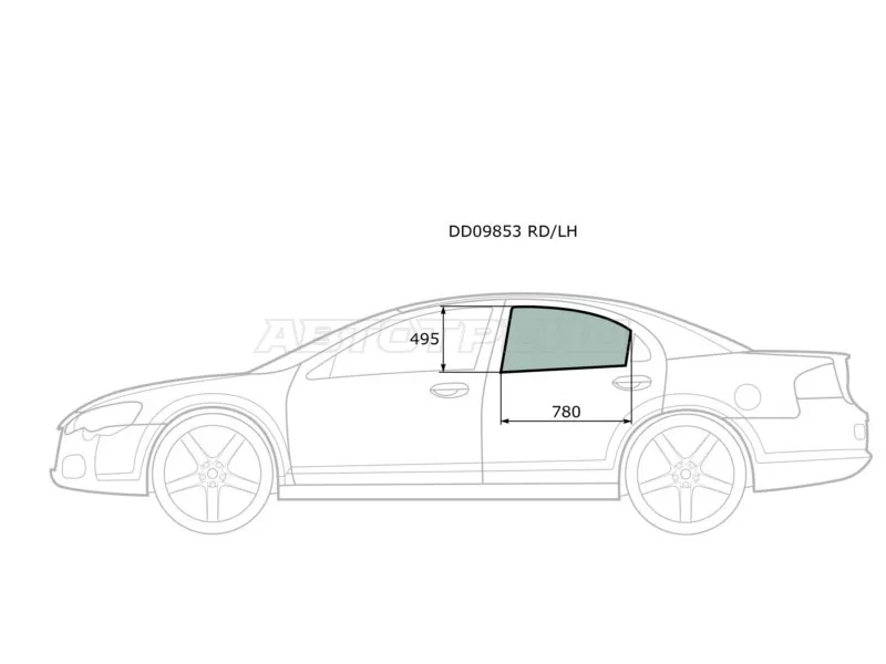 Стекло боковое опускное (Сзади / Слева / Цвет зеленый) Chrysler Sebring 00-06  / Dodge Stratus 00-06  / ГАЗ Волга Сайбер 08-10 (XYG: DD09853 RD/LH)