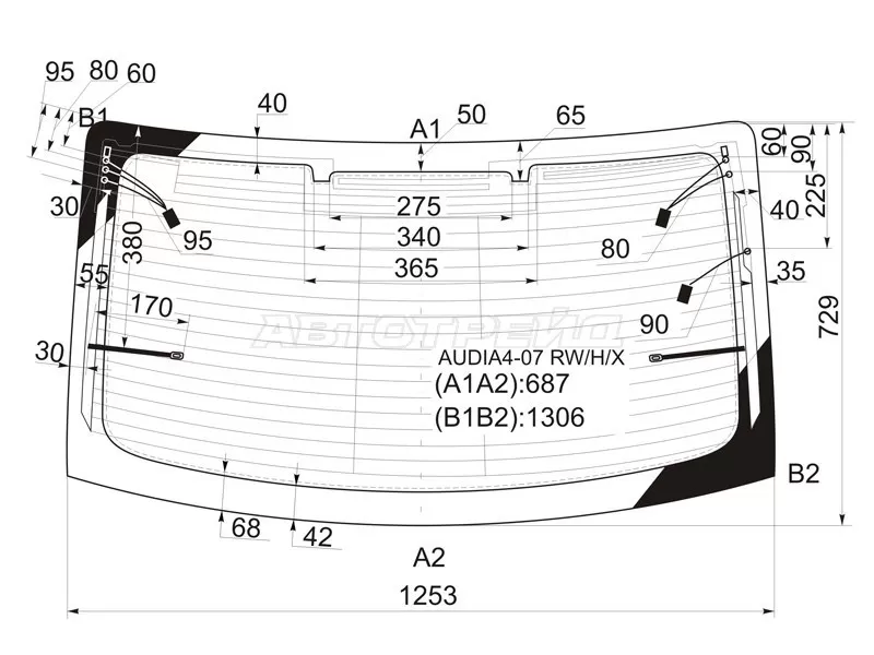 Стекло заднее (Цвет зеленый / Обогрев / Антенна) Audi A4 08-15  / S4 08-16 (XYG: AUDIA4-07 RW/H/X)