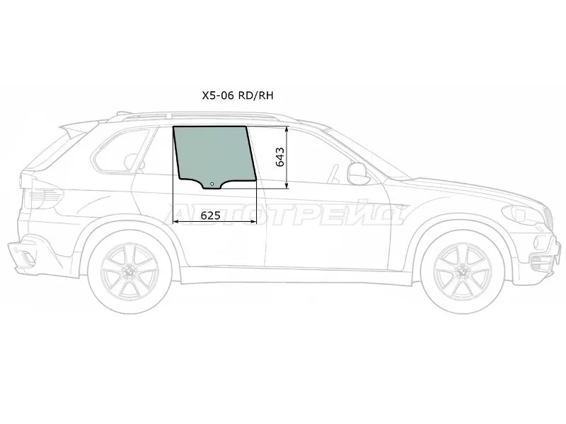 Стекло боковое опускное (Сзади / Справа / Цвет зеленый) BMW X5 06-13 (XYG: X5-06 RD/RH)