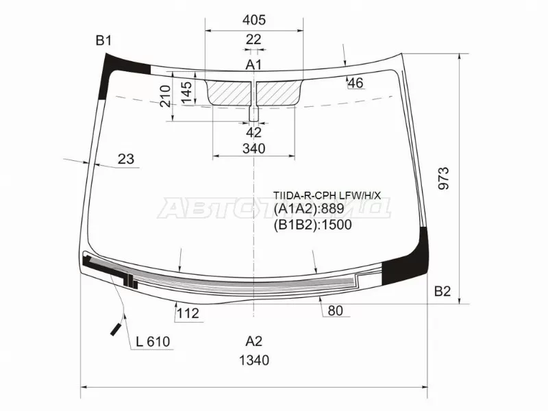Стекло лобовое (Обогрев щеток) Nissan Tiida 04-14  / Tiida Latio 04-12  / Versa 06-12 (XYG: TIIDA-R-CPH LFW/H/X)