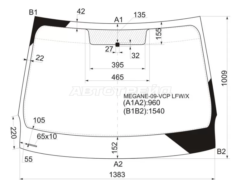 Стекло лобовое Renault Fluence 09-17  / Megane 08-16 (XYG: MEGANE-09-VCP LFW/X)