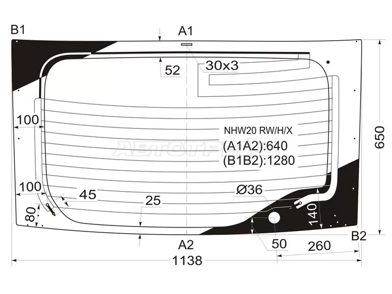 Стекло заднее (Цвет зеленый / Обогрев) Toyota Prius (NHW20) 03-11 (XYG: NHW20 RW/H/X)