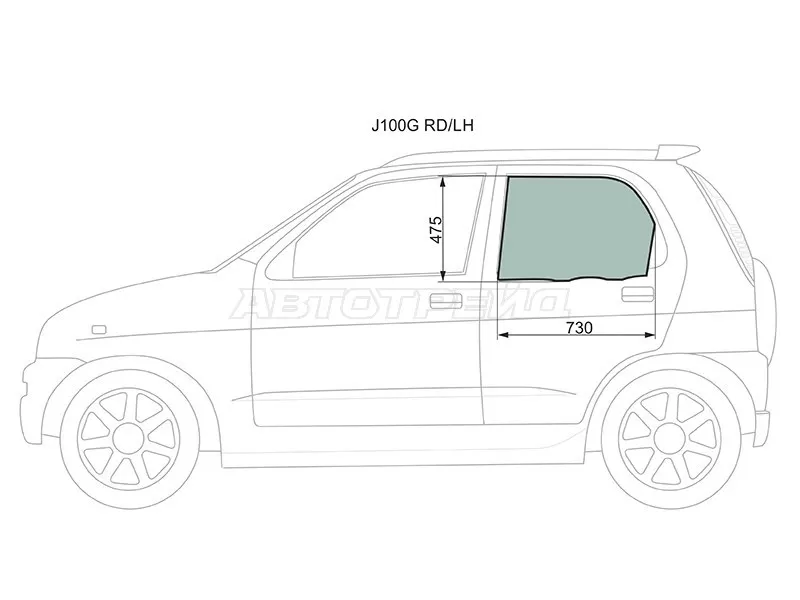 Стекло боковое опускное (Сзади / Слева / Цвет зеленый) Daihatsu Terios 97-  / Terios Kid 98-12  / Toyota Cami 99-06 (XYG: J100G RD/LH)
