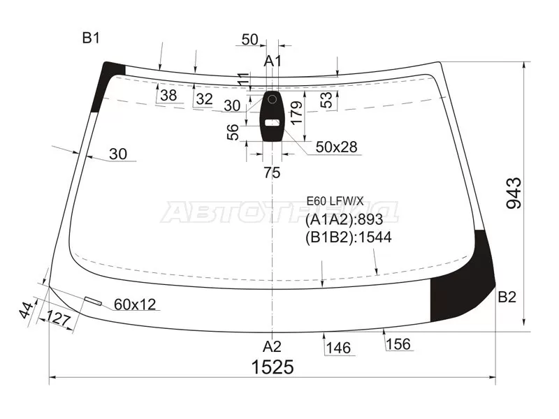 Стекло лобовое (Датчик дождя / Прямоугольный датчик дождя) BMW 5-Series 03-07 (XYG: E60 LFW/X)