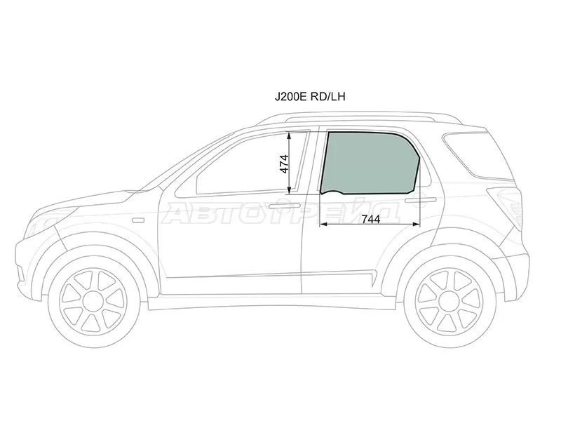 Стекло боковое опускное (Сзади / Слева / Цвет зеленый) Daihatsu Be-Go 06-16  / Terios 06-  / Toyota Rush 06-16 (XYG: J200E RD/LH)