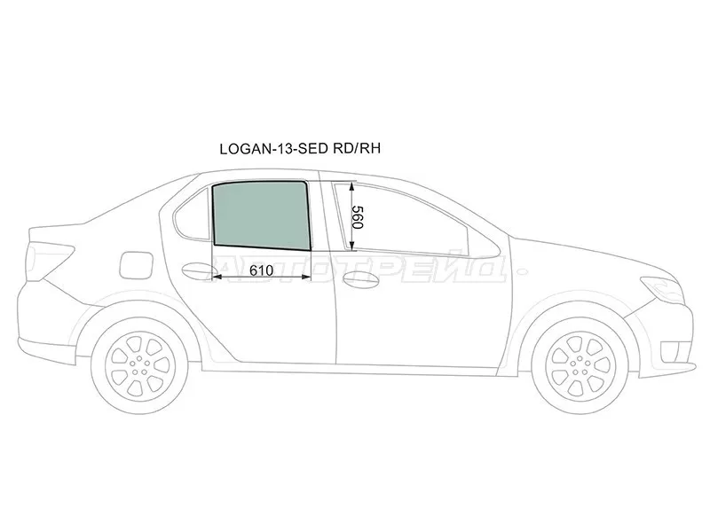 Стекло боковое опускное (Сзади / Справа / Цвет зеленый) Renault Logan 14-  / Sandero 14-  / Dacia Logan 12-19  / Sandero 12-19  / Sandero Stepway 12-19  / Renault Logan Stepway 18-  / Sandero Stepway 14-22 (XYG: LOGAN-13-SED RD/RH)