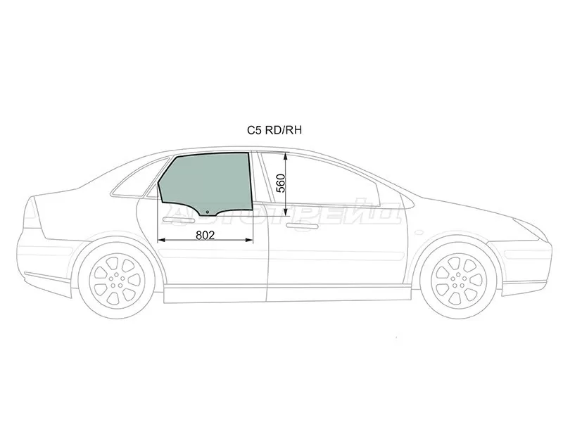 Стекло боковое опускное (Сзади / Справа / Цвет зеленый) Citroen C5 01-08 (XYG: C5 RD/RH)