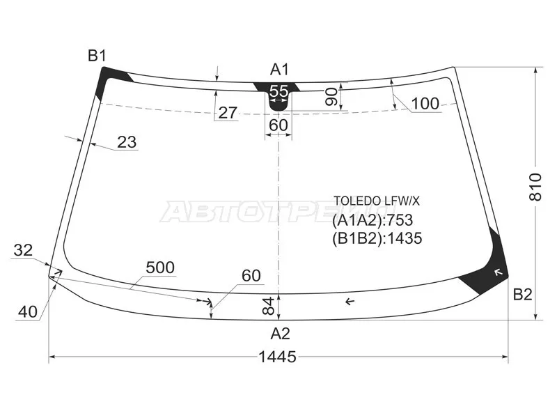 Стекло лобовое Chery Amulet A15 03-12  / SEAT Toledo 91-99  / Vortex Corda 10-12 (XYG: TOLEDO LFW/X)