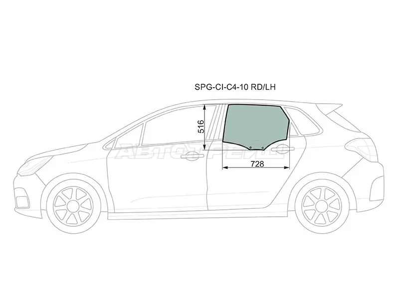 Стекло боковое опускное (Сзади / Слева / Цвет зеленый) Citroen C4 04- (SAT: SPG-CI-C4-10 RD/LH)