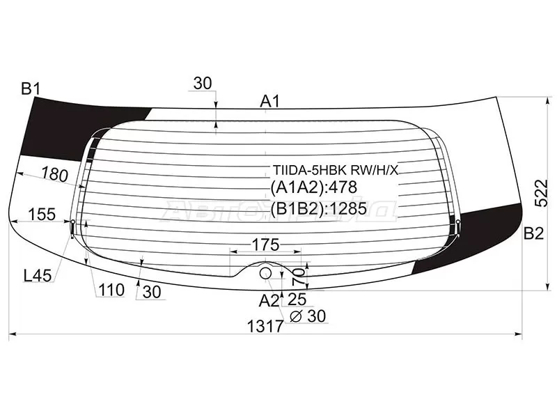 Стекло заднее (Цвет зеленый / Обогрев / 5D HBK) Nissan Tiida 04-14  / Versa 06-12 (XYG: TIIDA-5HBK RW/H/X)