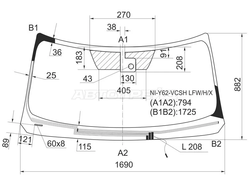 Стекло лобовое (Обогрев щеток / Датчик дождя) Infiniti QX56 10-13  / Nissan Patrol 10-19  / Infiniti QX80 13-20 (XYG: NI-Y62-VCSH LFW/H/X)